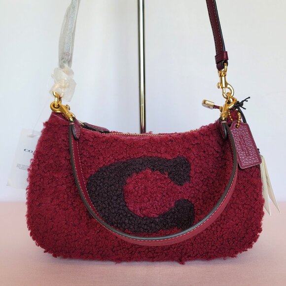 COACH Shearling & Leather Teri Shoulder Bag with Coach Motif- Black Cherry